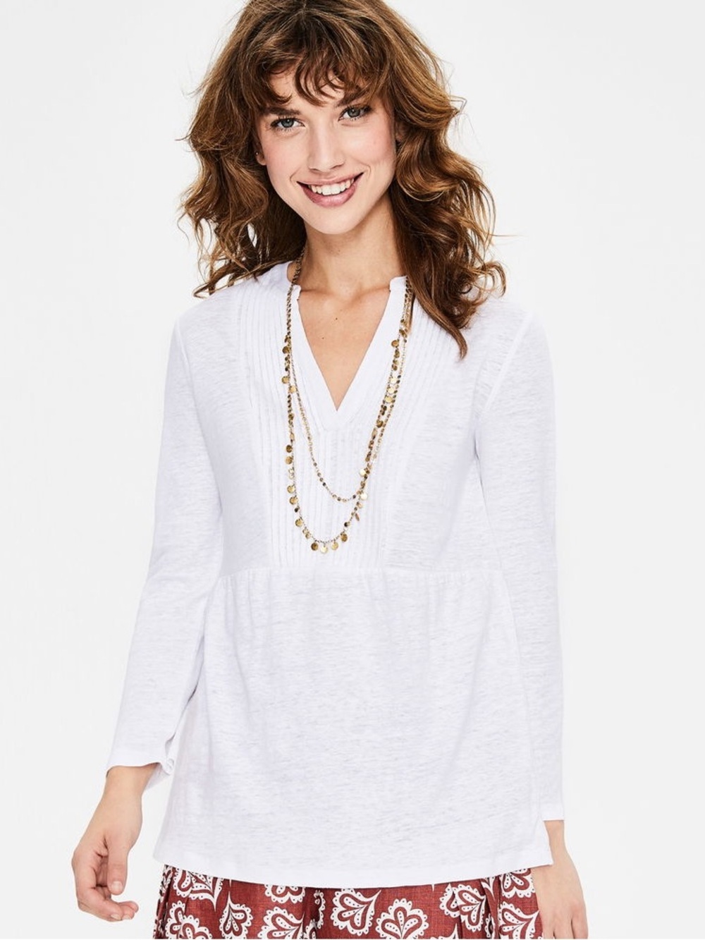 Boden Linen Pintuck Jersey Top Size Large White
